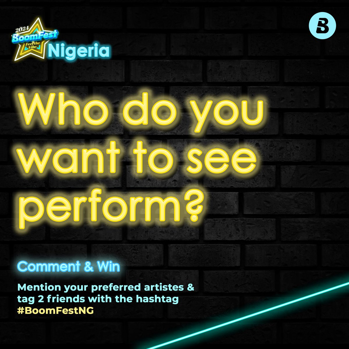 How to? 
- Mention the artists you want to see perform in the comment section.
- ⁠Tag 2 friends and use the hashtag #BoomFestNG

3 random winners will be selected. 

#HomeOfMusic