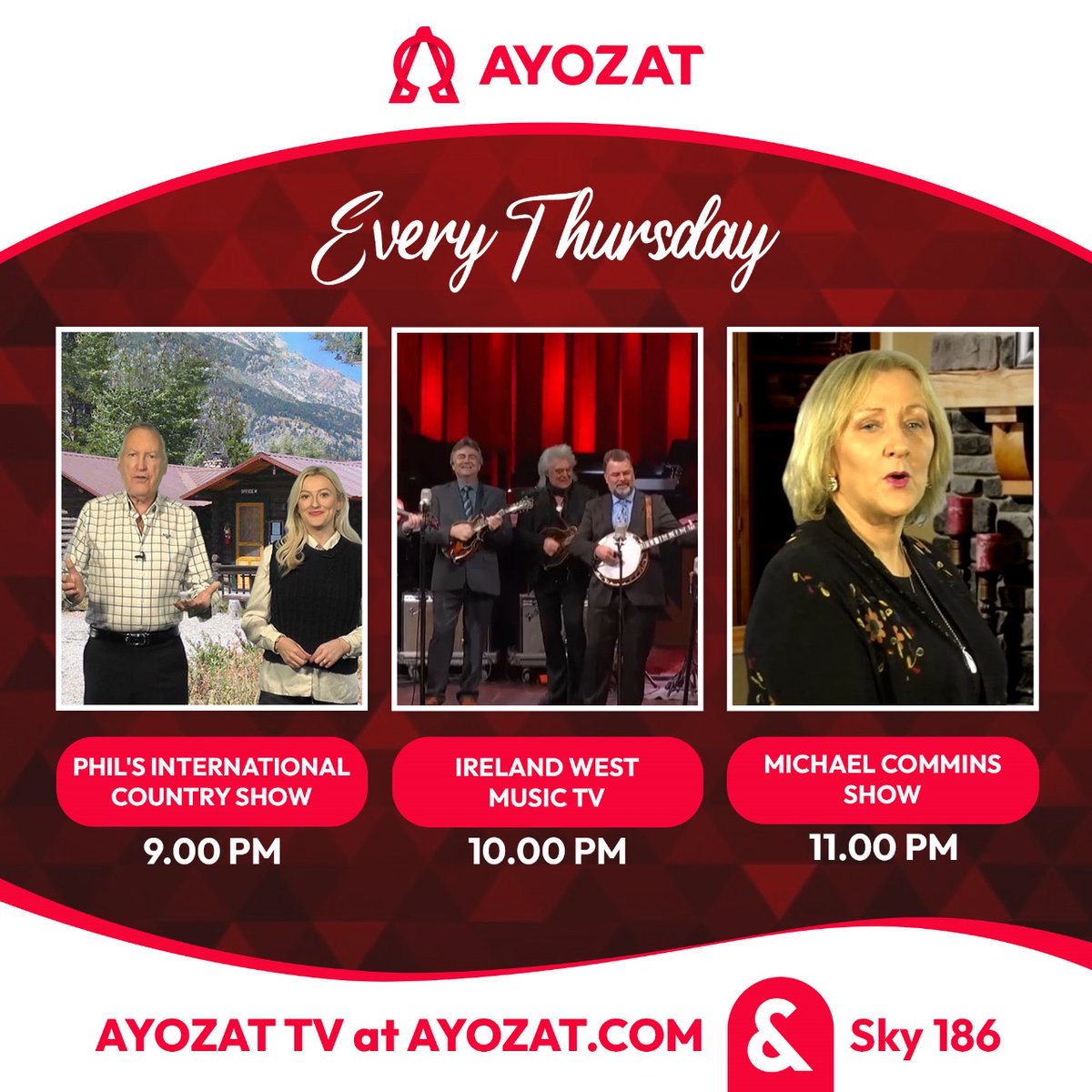 Watch Phil's International Country Show at 9pm, Ireland West Music TV at 10pm and The Michael Commins Show at 11pm every Thursday on AYOZAT TV at ayozat.com and Sky 186. #philsinternationalcountryshow #irelandwestmusictv #themichaelcomminsshow @musicmemoriestv @iwmTV