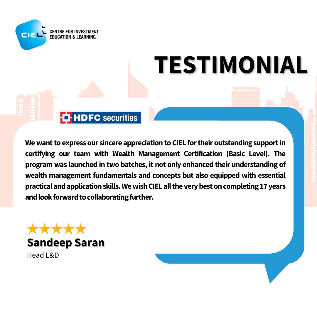 Thank you @hdfcsec
Your words of appreciation serve as a beacon of motivation for us and reinforces our commitment to excellence. 
#executivedevelopmentprograms #upskilling #WealthManagement #ProfessionalDevelopment #CertificationSuccess #TeamTraining
#PracticalSkills