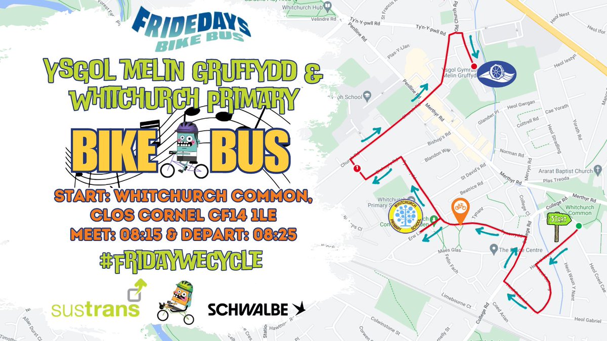 BIKE BUS: Really EXCITED to support the FIRST @fridedaysbb #BikeBus that goes to TWO SCHOOLS on one route!! 🚲🎶🤩🏴󠁧󠁢󠁷󠁬󠁳󠁿🙌 #FridayWeCycle

📅FRIDAY 10TH MAY
📍Whitchurch Common, CF14 1LE
⏰Meet: 08:15 - Depart: 08:25
🚏Stop 1: @whitchurchprm 
🏁Finish: @MelinGruffydd