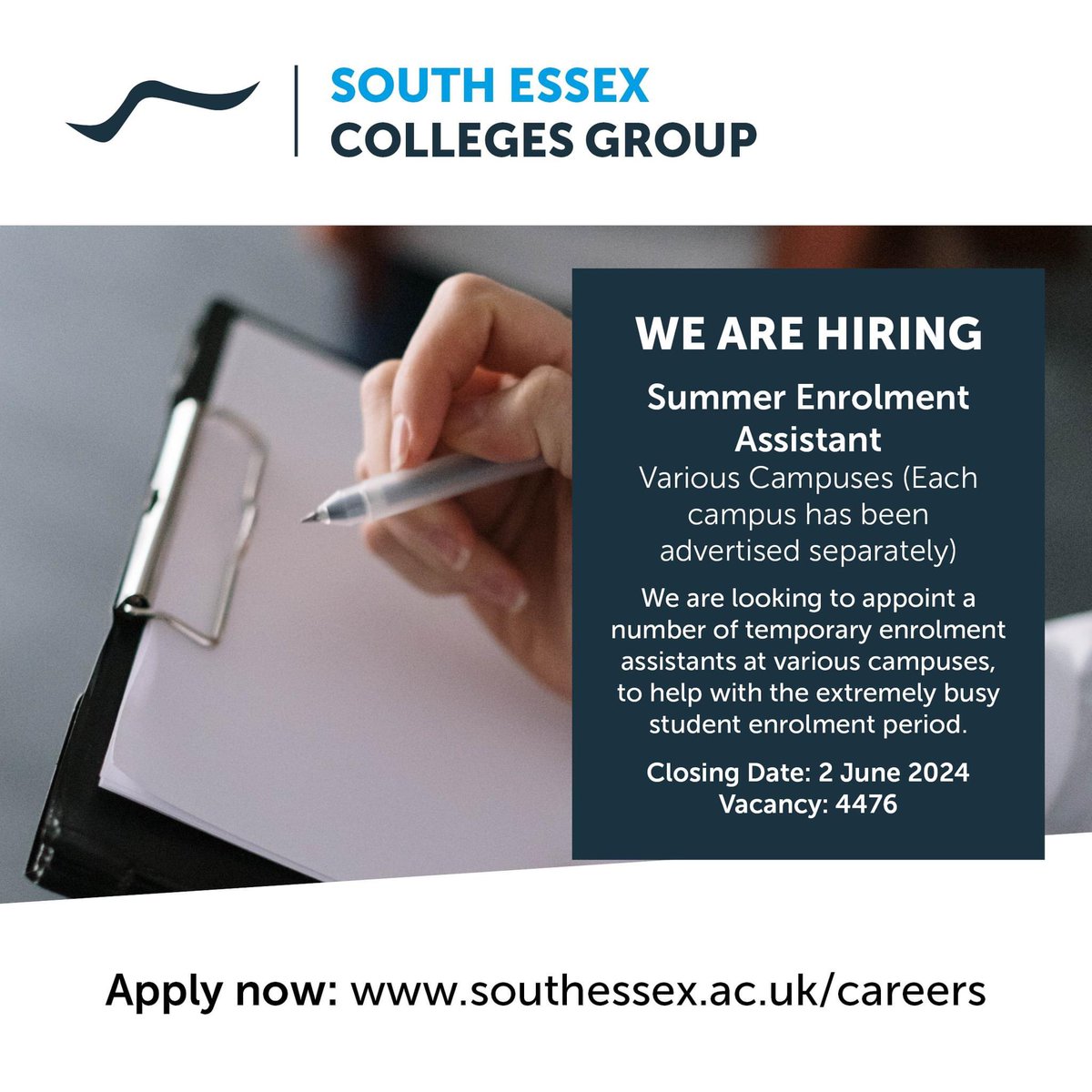 Multiple roles available over the summer!

Summer Enrolment Assistant (Fixed Term Contract, 12th August to 5th September 2024)

We are looking to appoint a number of temporary enrolment assistants to help with the extremely busy student enrolment period.

jobs.southessex.ac.uk/rEcruit/Recrui…