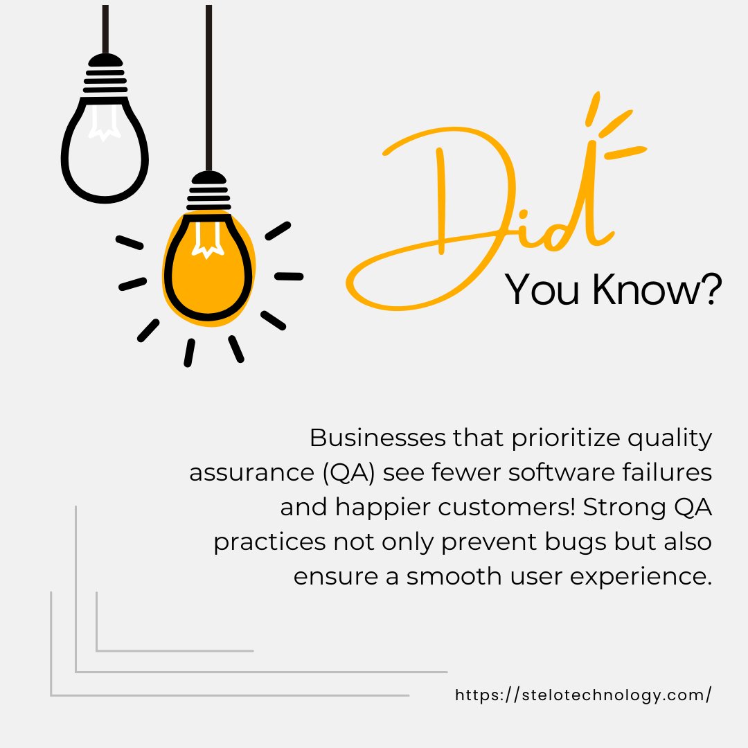 SteloTechnology's tweet image. Businesses that prioritize #qualityassurance (QA) see fewer software failures and happier customers! Strong #QA practices not only prevent bugs but also ensure a smooth user experience.

Does your company have a robust #QAprocess in place?

#SoftwareTesting #SteloTechnology