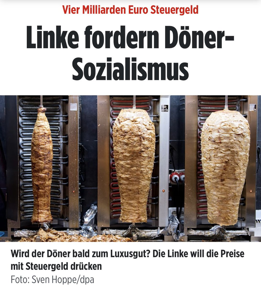 Nein, das ist keine Satire. 

Die Linken fordern eine Dönerpreisbremse von 4,90€. Kosten für den Steuerzahler: 4 Milliarden €

🤪

m.bild.de/politik/inland…