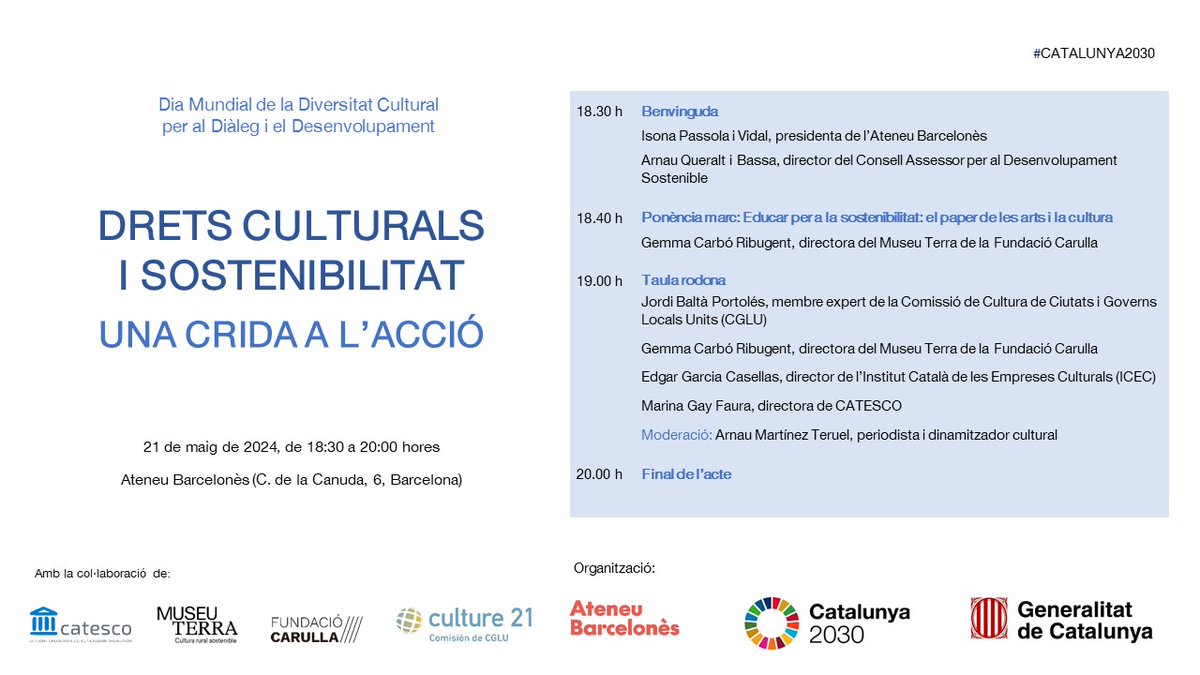 Sabeu com la #Cultura pot contribuir a l’assoliment dels #ODS? En parlarem a l’acte “Drets culturals i sostenibilitat, una crida a l’acció”, organitzat pel CADS i @ateneubcn en el marc de l’Aliança #Catalunya2030 🗓️21 maig 🕐18.30 h 📍Ateneu Barcelonès (C. Canuda, 6, Bcn)