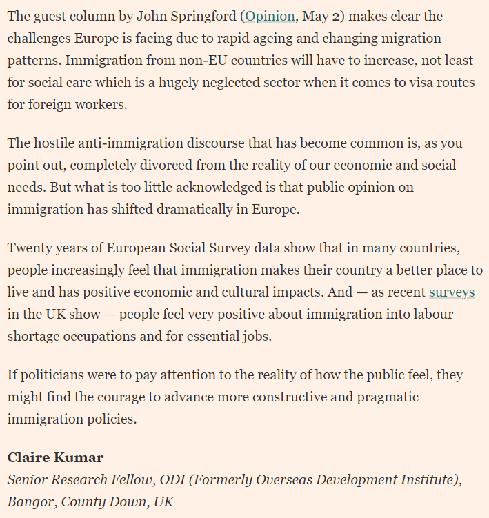 FT letter from @ClaireKumar3 on European immigration attitudes. Better policy - and politics! - is eminently doable.