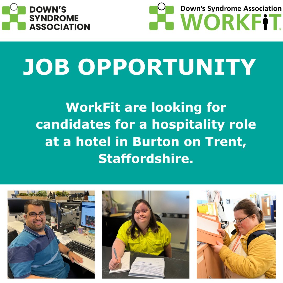 JOB OPPORTUNITY If you have Down’s syndrome and want to work with a hotel in Burton on Trent, this role might be for you! Flexible hours/days. Talk to our #WorkFit Officer for more info. Email dsworkfit@downs-syndrome.org.uk or register on our website dsworkfit.org.uk