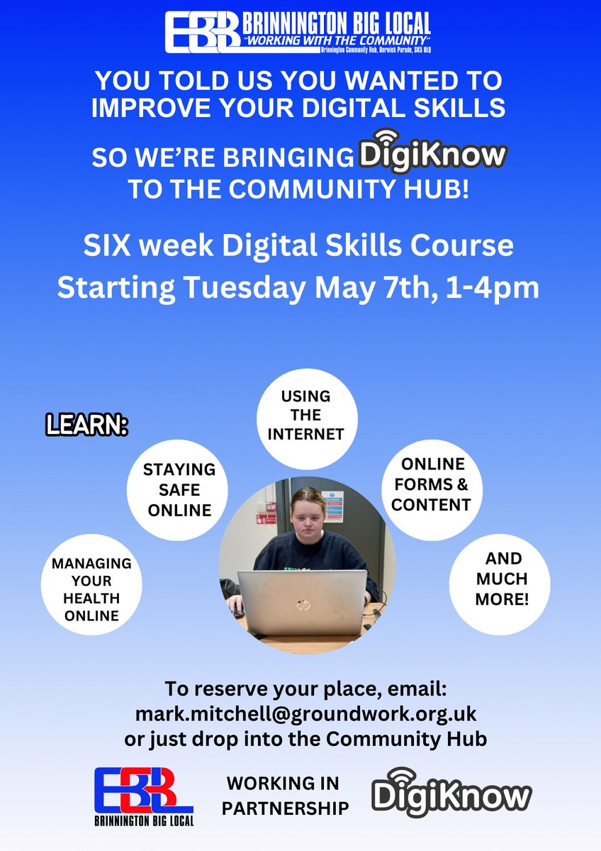 The Community told us that you wanted training for Digital Skills - so we've brought DigiKnow to the Hub for a six week course in the digital skills you need to stay safe, effective & productive online.
@SMBC_Community @StockportHomes @skylight_sk @GroundworkGM