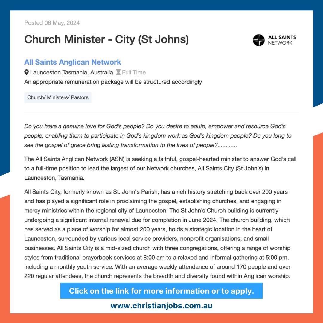 FEATURED JOB For further information, click here ow.ly/xz5y50Ry8g0 #ChristianjobsAustralia #ChristianJobsAU #ChristianCareers #AussieChristians #ChristiansAustralia #ChurchJobsAustralia #ChurchJobs #PastorJobs #Ministry #Christians