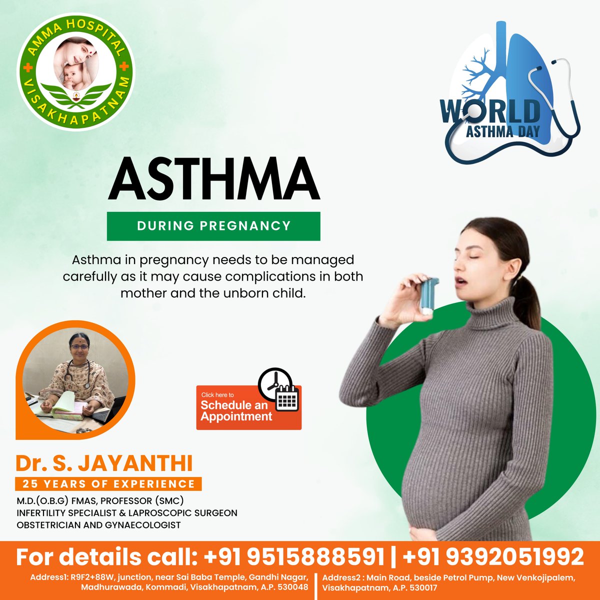 WORLD ASTHMA DAY
Asthma in pregnancy needs to be managed carefully as it may cause complications in both mother and the unborn child.

📞 Contacts : +91 9515888591 | +91 9392051992 

#AmmaHospital #BestGynaecologyHospital #BestGynaecologyDoctor #BestHospitalinVizag