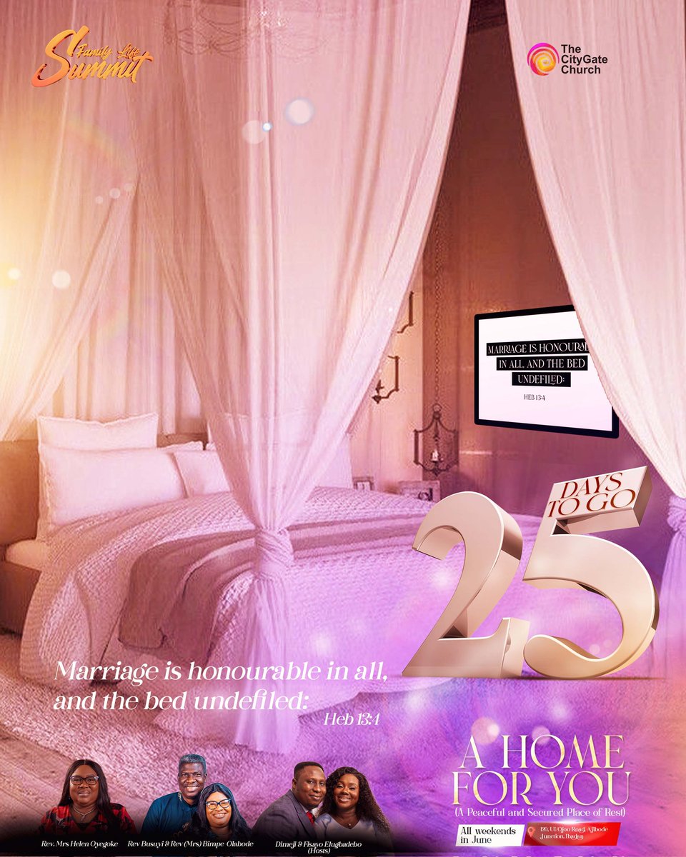 dcitygatechurch's tweet photo. 25 DAYS TO GO!!!

A HOME FOR YOU! 

Discover the joy of family bonds and learn the sacredness of marriage at Family Life Summit.

Marriage is honourable in all, and the bed undefiled... 

#TheCityGateChurch
#TCGCFamily
#FLS2024
#AHomeForYou https://t.co/93VftGrgLQ