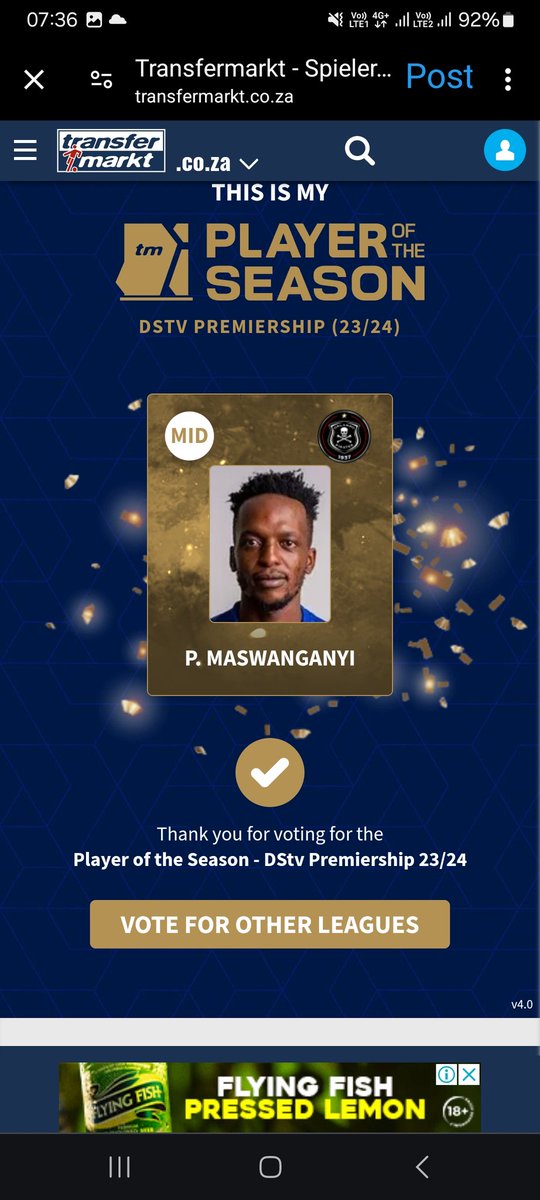 Orlando Pirates supporters, come on, we can do this. Maswanganyi deserves to be a player of the season. Let's vote buccaneers ☠️☠️☠️.
