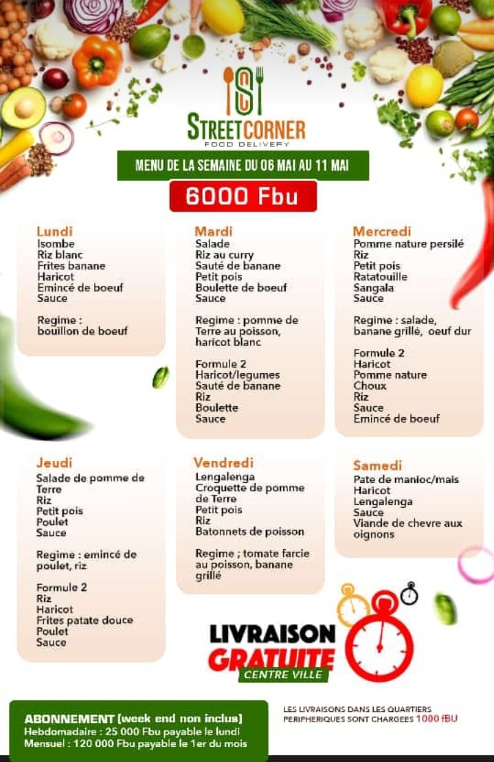 Le menu de la semaine est là ✍🏽😋
Régalez vous avec #StreetCorner 🤗

Les commandes sont faites avant 10h 🤝🏾
Tél : 61 137 000