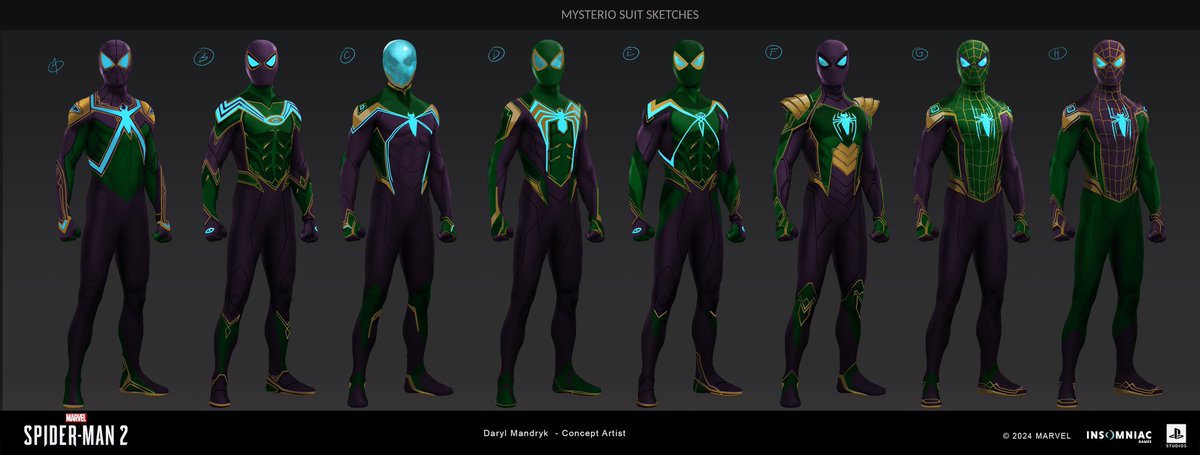 New official Marvel’s Spider-Man 2 concepts for Mysterio spideysuit, and the final concept have been released. #SpiderMan2PS5 🕸️🕷️ Official Concept by: @DarylMandryk