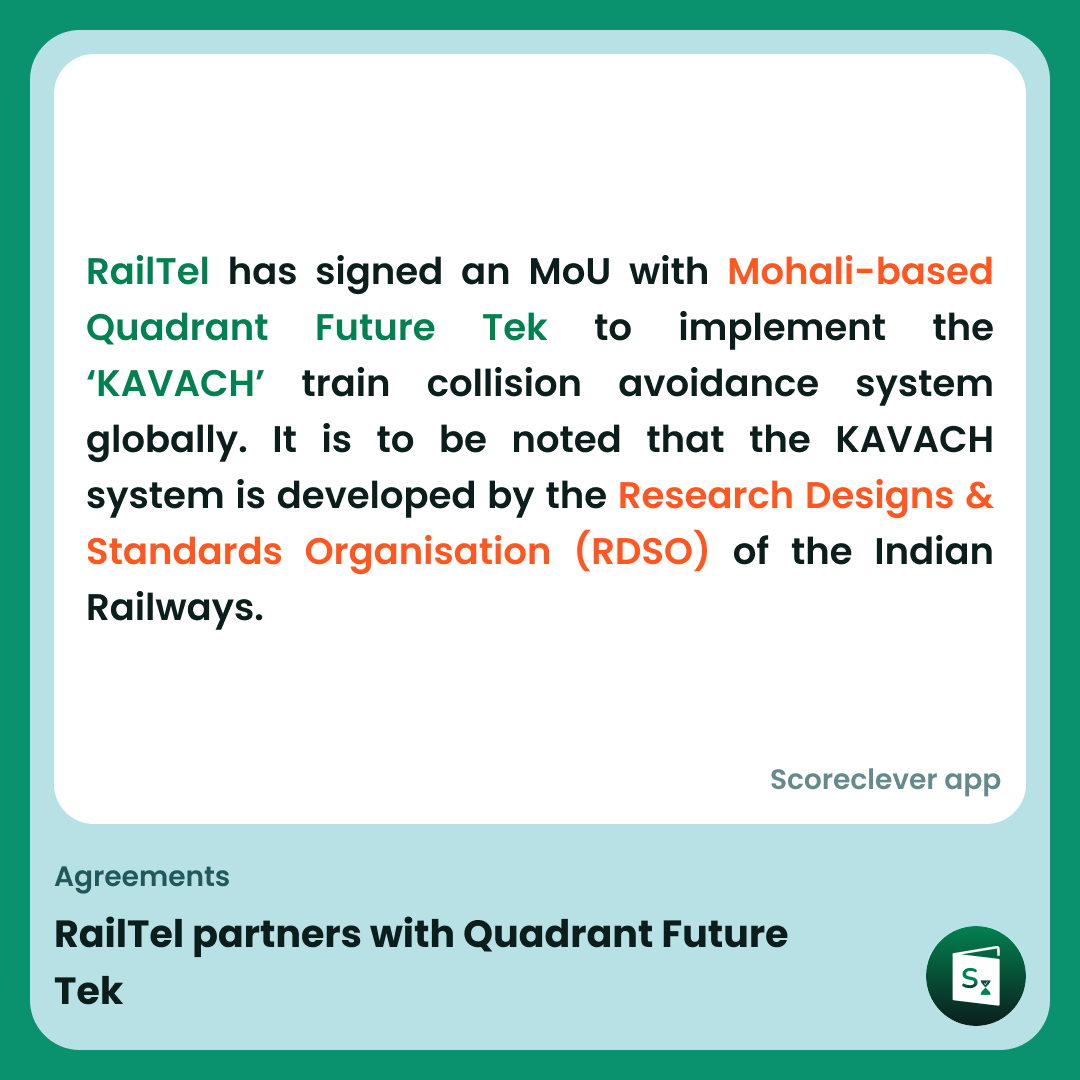 🟢🟠 𝐈𝐦𝐩𝐨𝐫𝐭𝐚𝐧𝐭 𝐍𝐞𝐰𝐬: RailTel teams up with Quadrant Future Tek to roll out India’s homegrown ‘KAVACH’ train collision avoidance system globally!

✅ Follow Scoreclever News for daily updates

#ExamPrep #UPSC #IBPS #SSC #GovernmentExams #DailyUpdate #News #UPSC #SSC