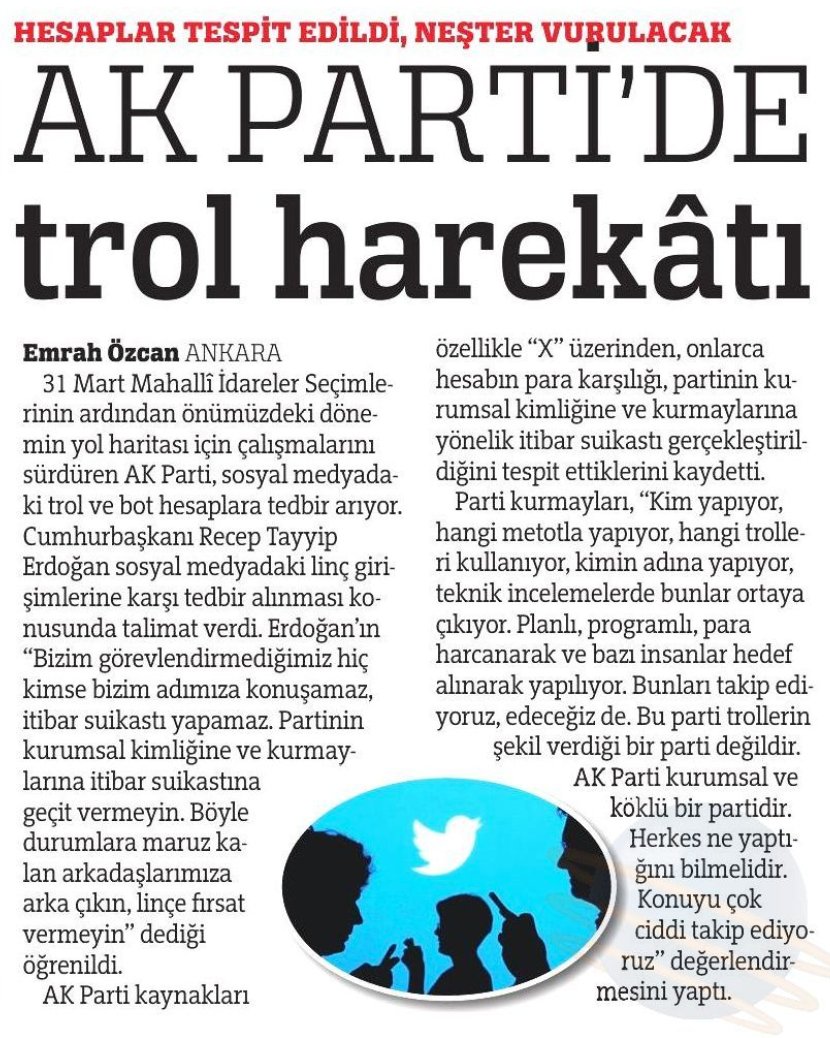 Türkiye Gazetesi'nin haberine göre Erdoğan, sosyal medyadaki AKP yanlısı trollerin 'temizlenmesi'ni istemiş. İletişim Başkanlığı'nın bütçesinde ciddi bir tasarruf olacak demek ki.