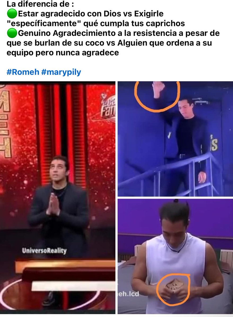 Esa es la diferencia de estar agradecido con Dios vs elegir tomar el nombre De Dios en vano por caprichos.

Romeh Siempre demostrando sus valores #RomehGanador #RomehALaFinal #LCDLF4