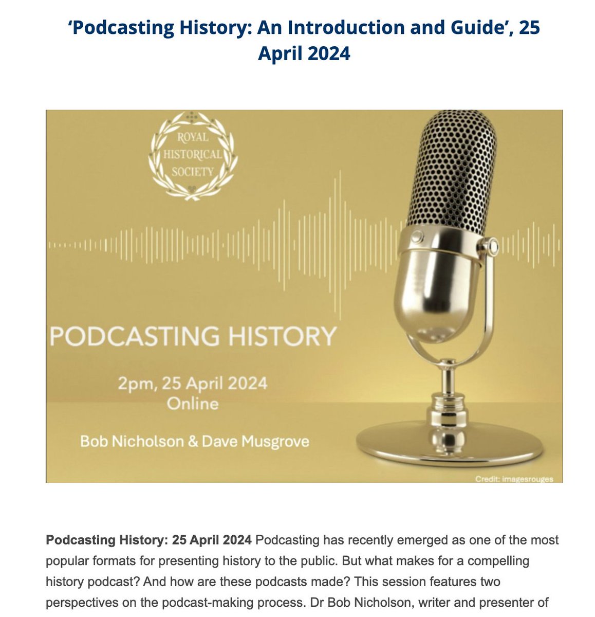 Recording of @RoyalHistSoc's recent training event - 'Podcasting History' - is now available bit.ly/3JOMmw0. This workshop, presented by @DigiVictorian and @DJMusgrove, provided expert advice on creating your own #history podcast #twitterstorians