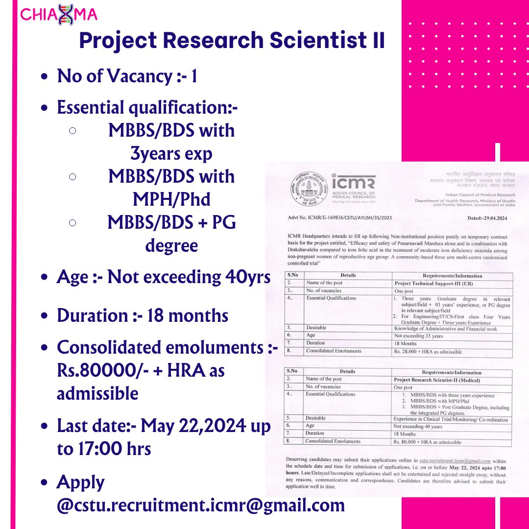 Job Alert:- Project Research Scientist II. 
To view details and apply Visit the Chiaxma Job portal. chiaxma.com/s/pages/jobs
#chiaxma #MedTwitter #Doctorjobs #Medicaljobs #Medicalupdates #medicalfellowship #medicaljobs #medicaljobsinindia #doctor #doctorjobs #doctorjobsinindia