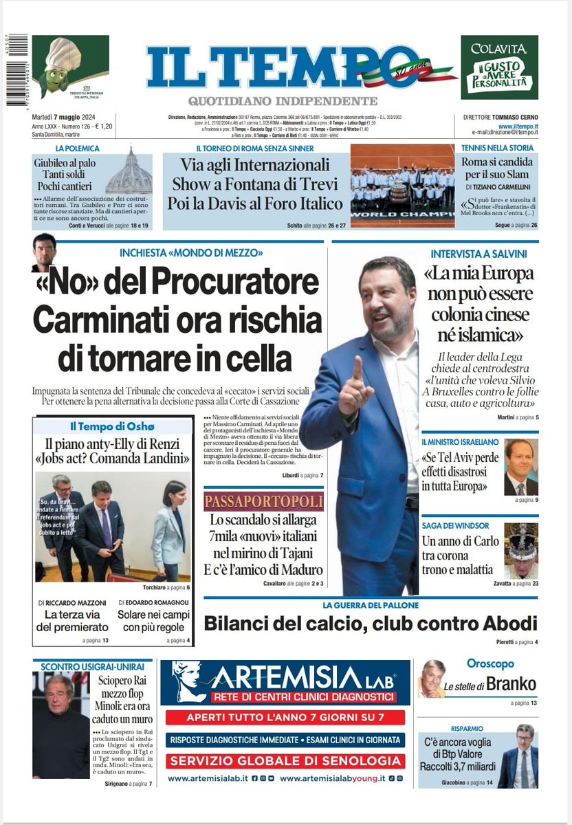 📍 #Carminati ora rischia di tornare in cella
📍 #Salvini: «La mia #Europa non può essere colonia cinese né islamica»
📍 Il piano anty-Elly di #Renzi «#Jobsact? Comanda Landini»

🔽 La prima pagina 📰 Siamo in edicola📣🗞
#7maggio #buongiornoatutti ☕️⏰