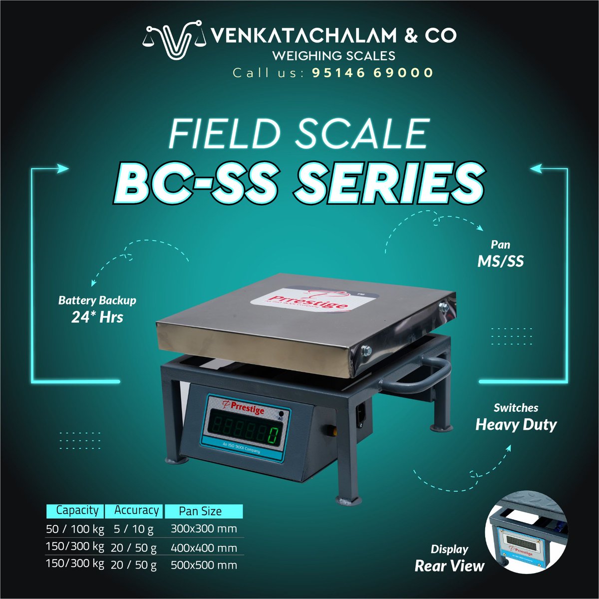 BC-SS series -  FIELD SCALE

Green display, Advance software technology with extra display option. Available in 100kgs & 300kgs weight capacity.  Perfect for #industrialuse #vegetablemarket
#venkatachalam #prrestigescale #venkatachalamandCo #coimbatore #digitalscales #FieldScales