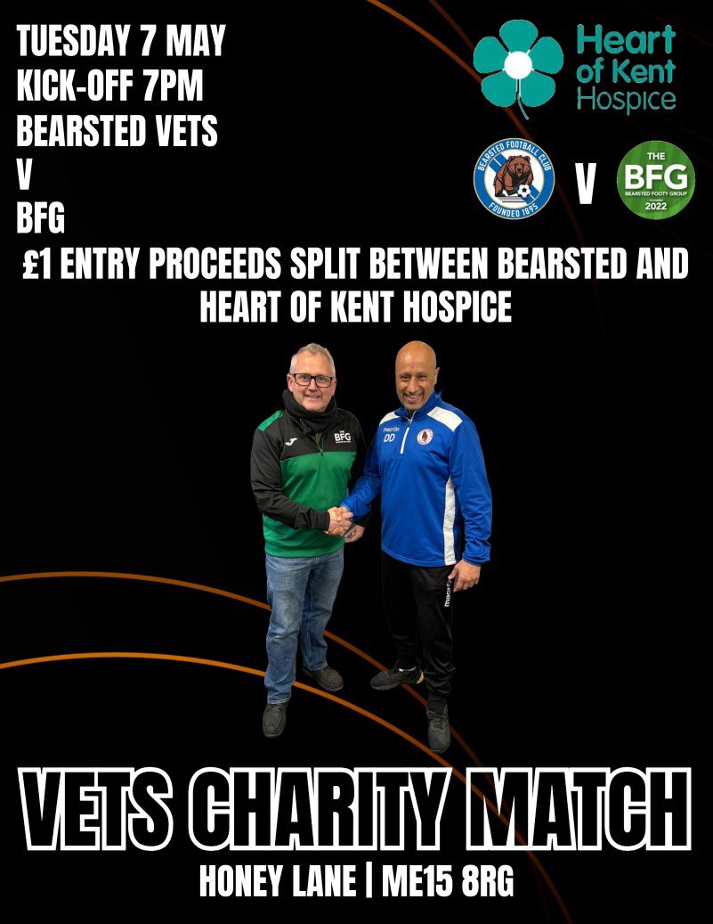 MATCHDAY!!! Today our vets team play in a charity match against BFG at Honey Lane, Kick-off 7pm #bearstedfc #bears 🐻