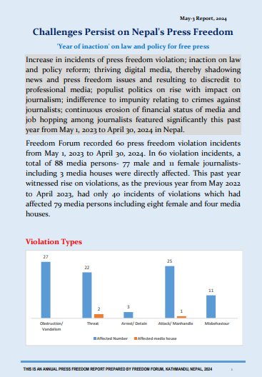 'The #journalists who write news stories about the irregularities & corruption at public offices are always in threat. They are attacked & issued threats', observes FF's latest report. Read full report here: shorturl.at/jrtX5 @tndahal7 @IFEX @MediaGFMD @mediadefence