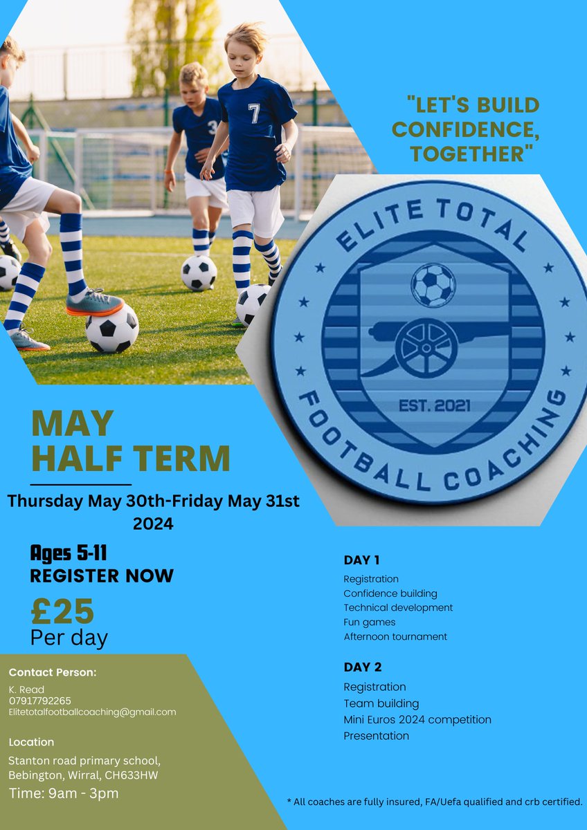 📢 Calling all parents! Ready to boost your child's football skills? Join our 2-day half-term camp at Stanton Road Primary School this May! From personalized coaching to fun drills, we've got it all! ⚽💪 Don't miss out – sign up today! #Wirralfootball #FootballCamp #Wirral