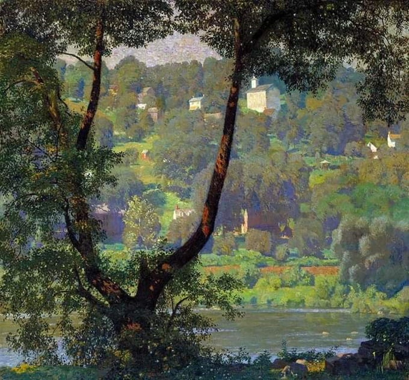 Enjoying the feeling of depth and peacefulness in this painting of the Delaware River in Pennsylvania, by US impressionist Daniel Garber ~ Tohickon (1920), Smithsonian American Art Museum