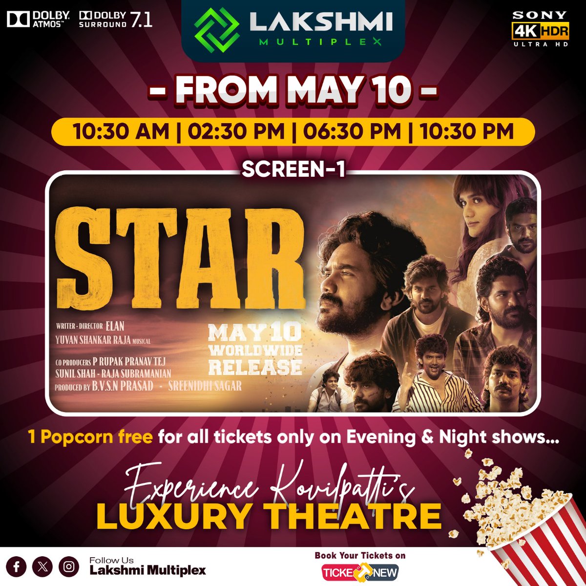 From May10 Onwards Star🤩✨ @lakshmimultiplex Screen 1 - Star 🤩💥✨ @lakshmimultiplex 1 Popcorn Free for all tickets only on evening & Night show's 😍🍿 Experience Kovilpatti's Luxury Theatre 🤩✨ #lakshmimultiplex #kovilpatti #kovilpattitheatre #STAR #kavin