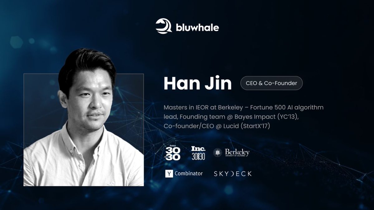 Meet @jinhan8, CEO and Co-founder of Bluwhale. A graduate of UC Berkeley with a Master's degree, with expertise ranging from leading AI algorithms at Fortune 500 companies to founding & exiting successful tech start-ups. Featured in: ⚡️Forbes' 30 Under 30 ⚡️Fast Company