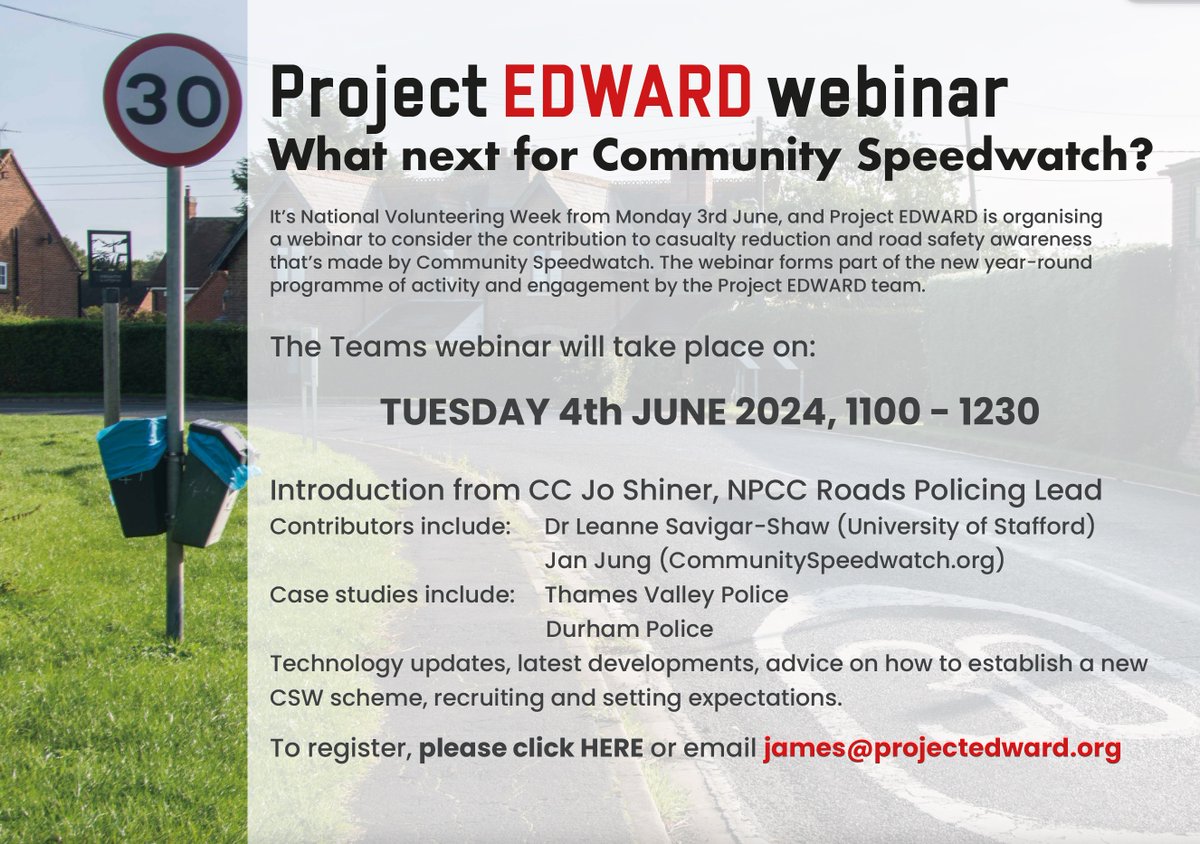 Sign up for the FREE #ProjectEDWARD webinar on Community Speedwatch. Tuesday 4 June at 11am. events.teams.microsoft.com/event/9ec4eab0… @Road_Safety_GB #speedwatch @Westcotec_Ltd @UKROEd @MotoringAssist @StaffsCSW