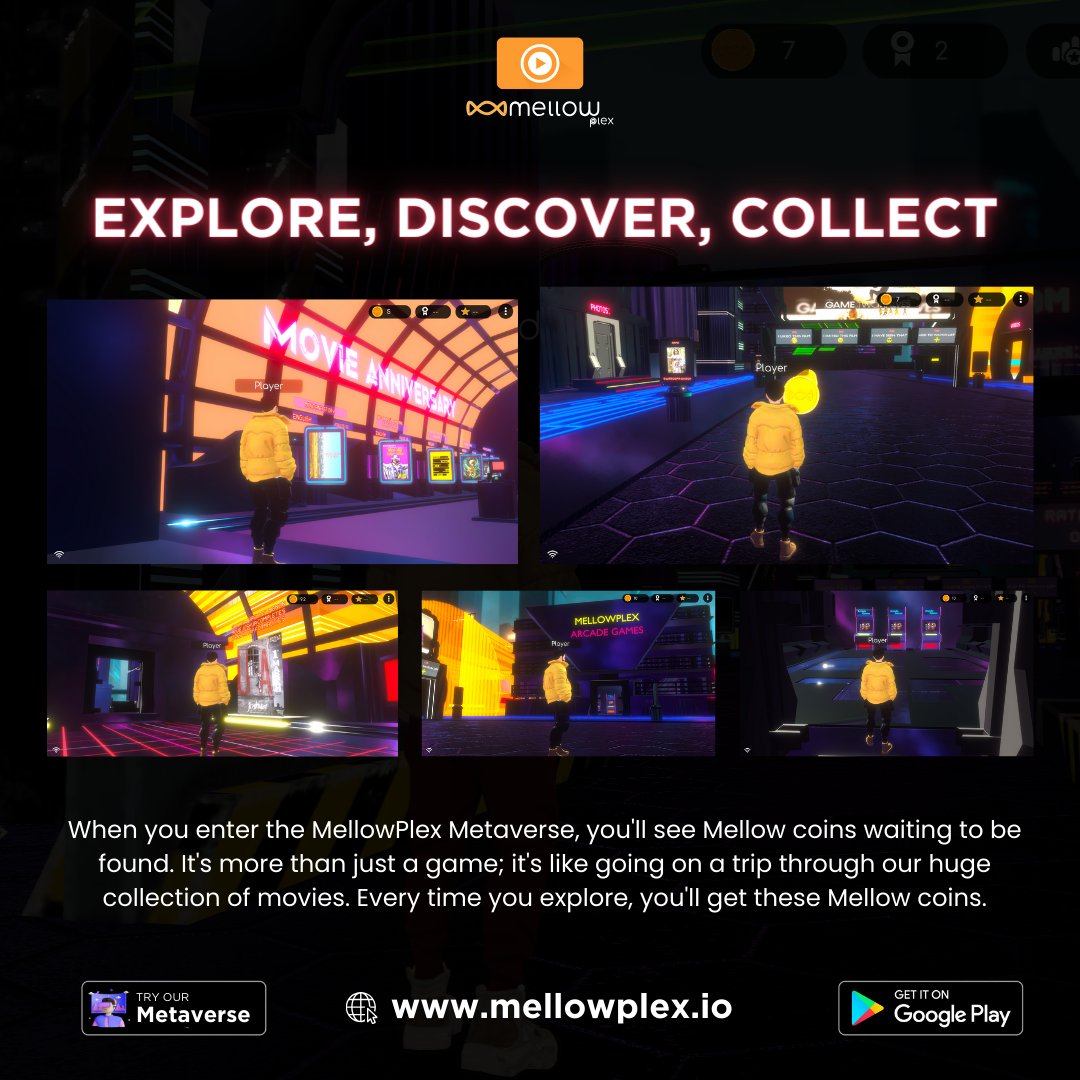 Love movies and games? ️ MellowPlex is both!

Imagine exploring a giant world of movies, collecting cool Mellow coins along the way.   

That's what it's like in the MellowPlex Metaverse!  ✨

#MellowPlex #MovieMetaverse #PlayToEarn #MPLEX #Gaming #AI #VR #PlayToEarn #NFTs