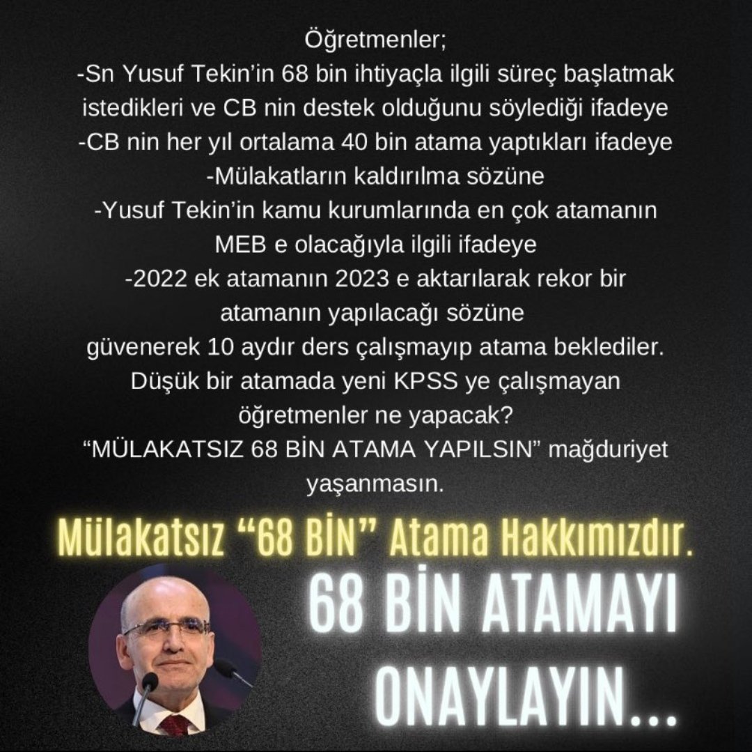 Çok bekledik çok sözler aldık ama hiç biri daha tutulmadı 
Devletimizin verdiği sözleri tutmak için hala fırsatı var 
<a href="/memetsimsek/">Mehmet Simsek</a>
<a href="/Yusuf__Tekin/">Yusuf Tekin</a>
<a href="/tcmeb/">Millî Eğitim Bakanlığı</a>
<a href="/HMBakanligi/">T.C. Hazine ve Maliye Bakanlığı</a>
<a href="/ikalin1/">İbrahim Kalın</a>
#ŞimşekMebeMülakatsız68Bin