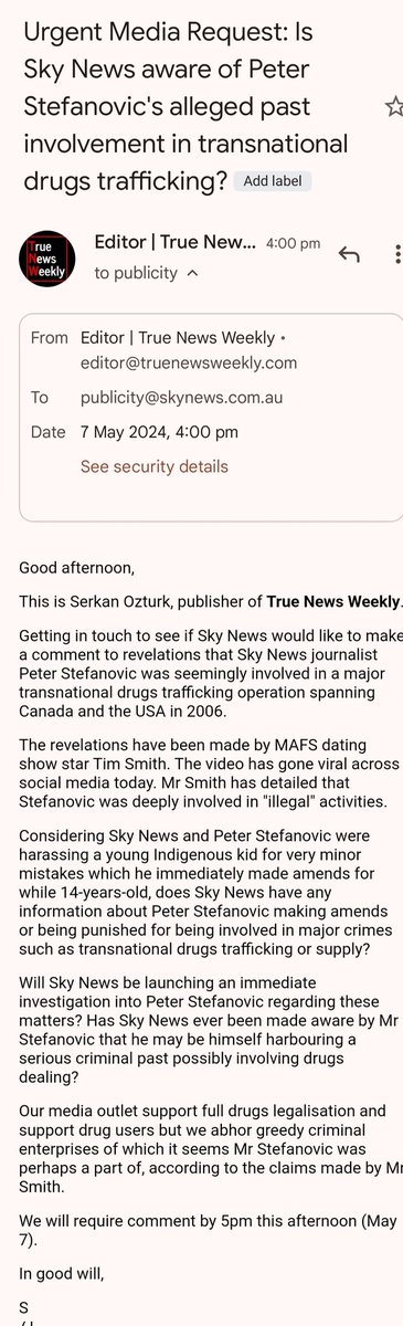 Here is a copy of the Urgent Media Request we have sent @SkyNewsAust today regarding the shocking allegations about Peter Stefanovic's 'illegal' activities