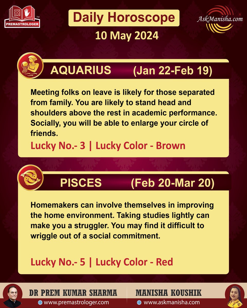 Daily Horoscope for 10th May 2024 #Libra #Scorpio #Saggitarius #Capricorn #Aquarius #Pisces #Dailyhoroscope To check your sign pls click the link below: premastrologer.com/daily-forecast… For personal consultation at +919216141456