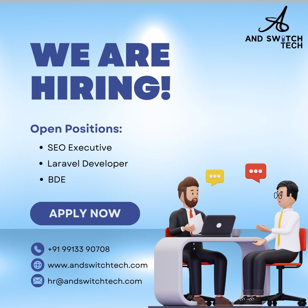 Are you ready to take the next step in your career journey? Join our team and unlock new opportunities for growth and development.
🧿 SEO Executive
🧿 Laravel Developer
🧿 BDE
.
#RajkotJobs #JobOpenings #JoinOurTeam #RajkotHiring #ITJobSearch #ITJobsRajkot #Rajkot #AndSwitchTech