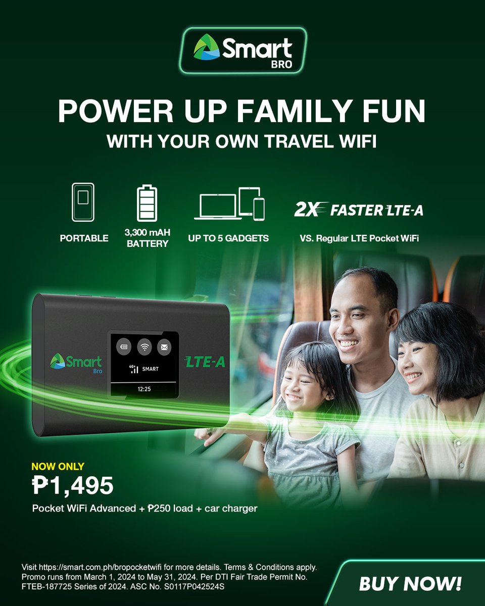 Keep the fam entertained during road trips with your own Smart Bro Pocket WiFi Advanced. Power up connectivity for up to 5 gadgets while on the road with the entire family. Get yours now at the Smart Online Store: smrt.ph/bro1495tw