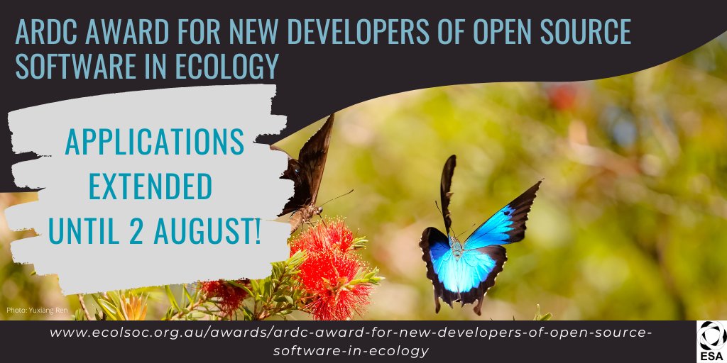 🚨 Applications for the 2024 @ARDC_AU Award for New Developers of Open Source Software in Ecology have been EXTENDED! ⁠ ⁠ Applications now close 2 August.⁠ ⁠ ecolsoc.org.au/awards/ardc-aw…⁠ ⁠ 📷️: Yuxiang Ren