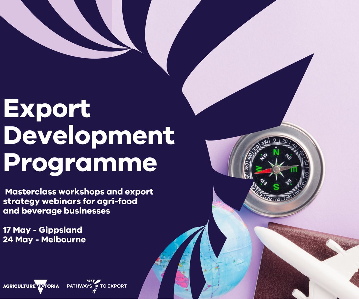 Ready to grow your agri-food and beverage business by exploring export opportunities but not sure where to start? Join us for free Export Masterclass Workshops and Webinars! More info and register at: events.humanitix.com/export-market-… @Global_Vic @VicFarmers @RD_Vic