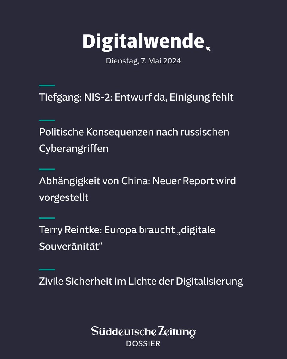 📫 Heute bei @SZDossier Digitalwende, von und mit Matthias Punz, Selina Bettendorf und Laurenz Gehrke: 📢 NIS-2: Entwurf da, Einigung fehlt – mit Iris Plöger, @BindingDirk und Felix Kuhlenkamp (@Bitkom_Security) 📢 Politische Konsequenzen nach russischen Cyberangriffen [1/3]