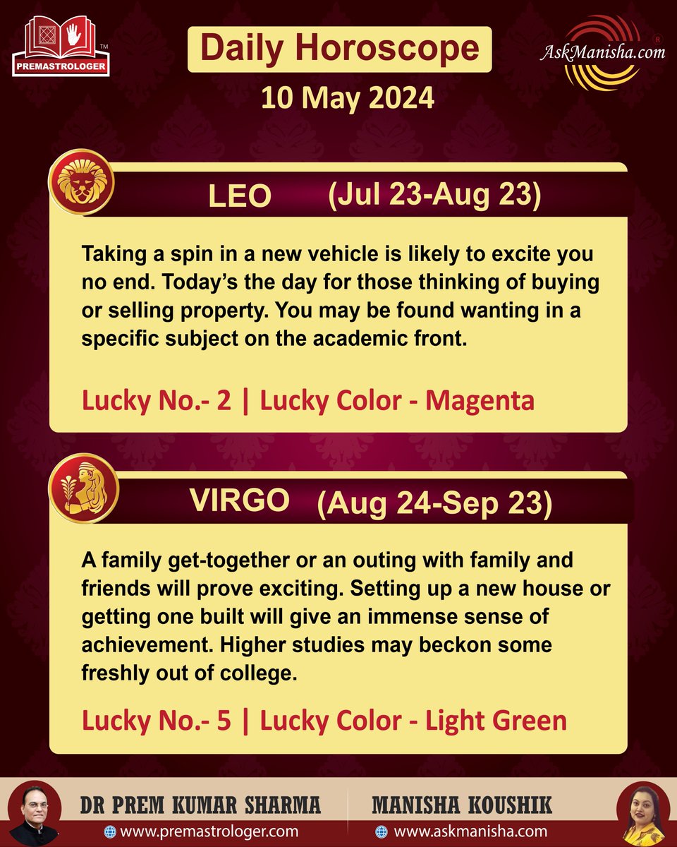 Daily Horoscope for 10th May 2024 #Aries #Taurus #Gemini #Cancer #Leo #Virgo #Dailyhoroscope To check your sign pls click the link below: premastrologer.com/daily-forecast… For personal consultation at +919216141456