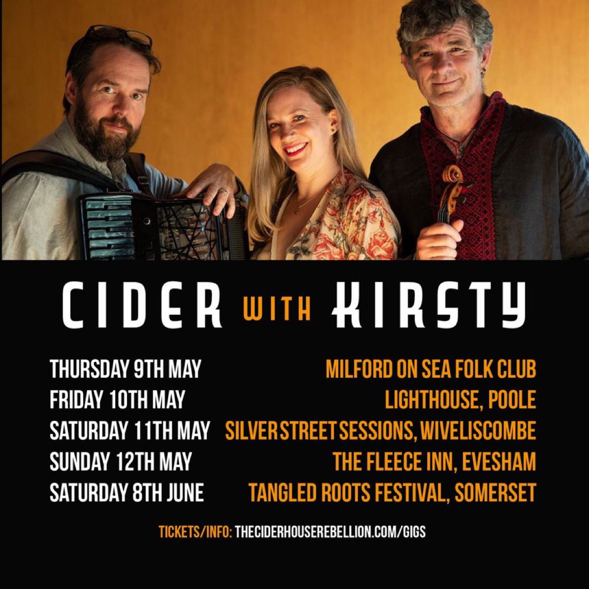 Cider with Kirsty is back! ‘The Devil’s On The Mast’ @CiderhouseReb + @kirstymerryn May 9: Milford On Sea FC May 10: The Lighthouse Poole May 11: Silver Street Sessions, Wiveliscombe May 12: The Fleece Inn Evesham June 8: Tangled Roots Fest 🎟️ theciderhouserebellion.com/gigs