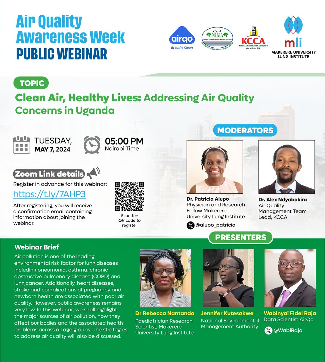 📢Happening today at 5:00PM. Join us together with @Lung_Institute @KCCAUG @nemaug for this insightful webinar to discuss 'Clean Air, Healthy Lives: Addressing Air Quality Concerns in Uganda.' 🗓️ Tuesday 7th May 📍bit.ly/3ULQQd0 ⏲️ 5:00PM #AQAW2024 #AQAW24