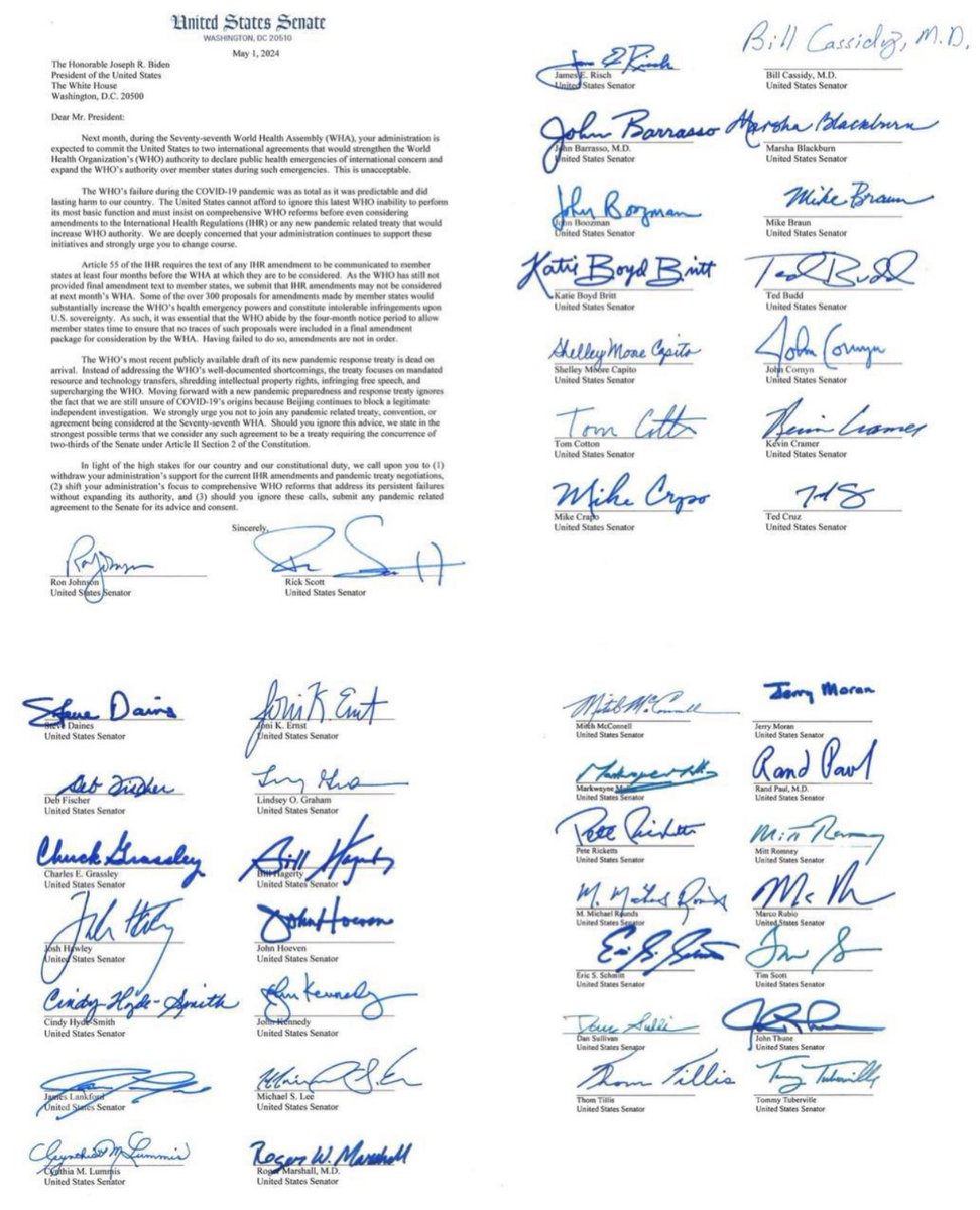 🇺🇸 EE.UU. 49 senadores republicanos piden en una carta la abolición del Tratado de Pandemias de la OMS