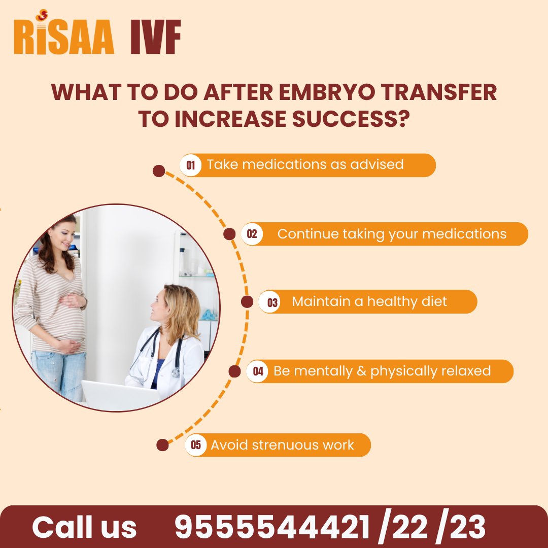 Maximize your chances of success after embryo transfer with these essential tips!  From maintaining a healthy lifestyle to managing stress, every step counts on your journey to parenthood. Let's boost those odds together!  #IVFSuccess #FertilityJourney #RisaaIVF'