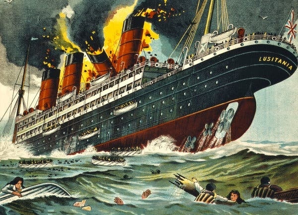 #OnThisDay 1915 The RMS Lusitania was torpedoed by U-20 (which initially took Casement to Ireland for the Easter Rising) 10 miles off the Irish coast, killing 1,198 people. She was also carrying millions of rounds of ammo & other war materiel. #Ireland #History #WW1