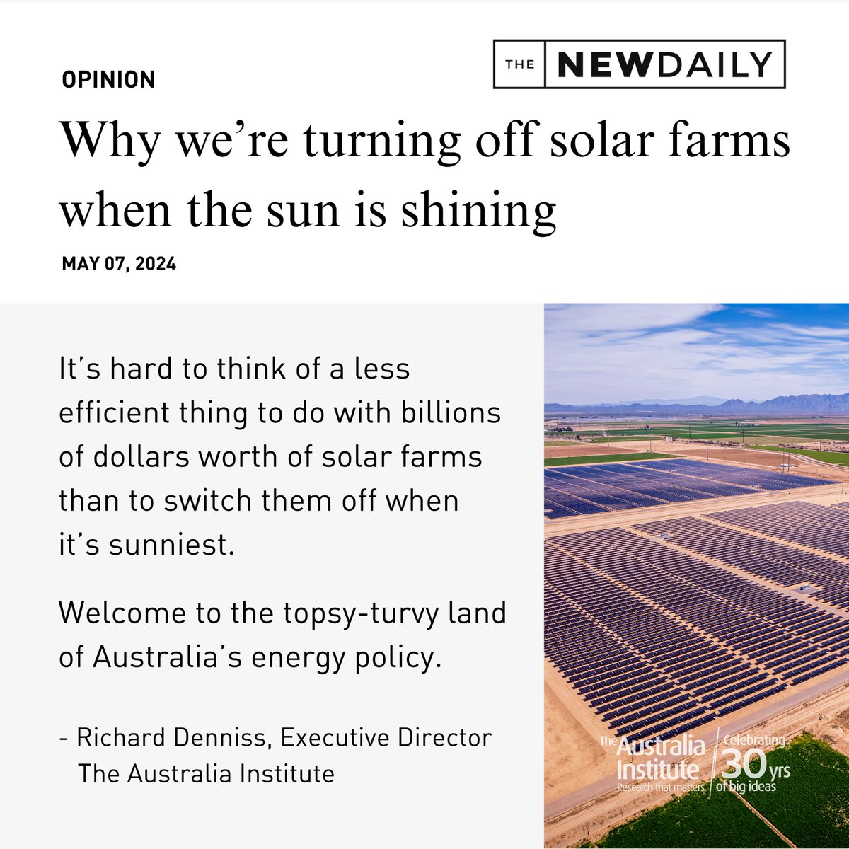 'Our electricity market currently requires solar farms to be switched off in the middle of the day.' We can make a simple change in how commercial buildings use energy that would better utilise our renewable resources explains @RDNS_TAI in @TheNewDailyAu thenewdaily.com.au/opinion/2024/0…