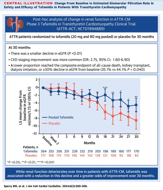 Effect of Tafamidis on Renal Function in Patients With Transthyretin Amyloid Cardiomyopathy in ATTR-ACT

tafamidis treatment was associated with a reduction in this deterioration, and a higher incidence of improved eGFR and CKD

sciencedirect.com/science/articl…