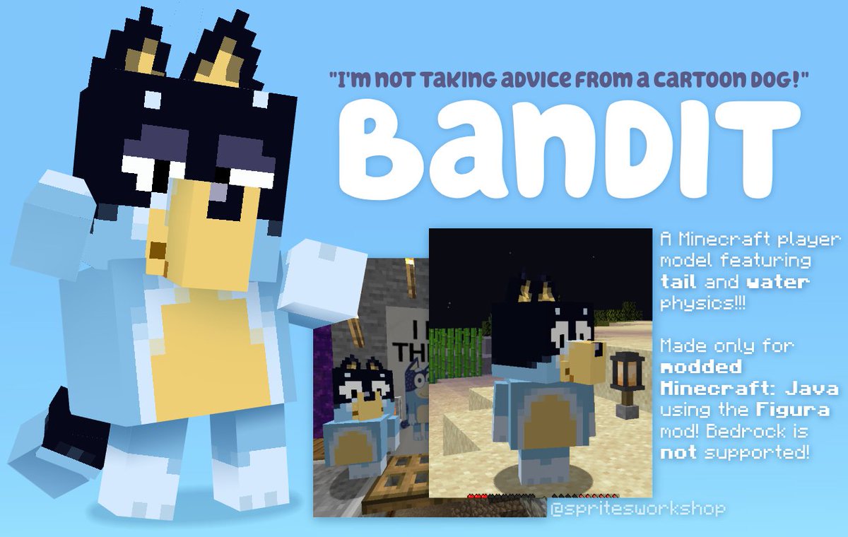 my bandit heeler minecraft (modded java) model is going public!! its still a work in progress though.. download in the commments #bluey #figura