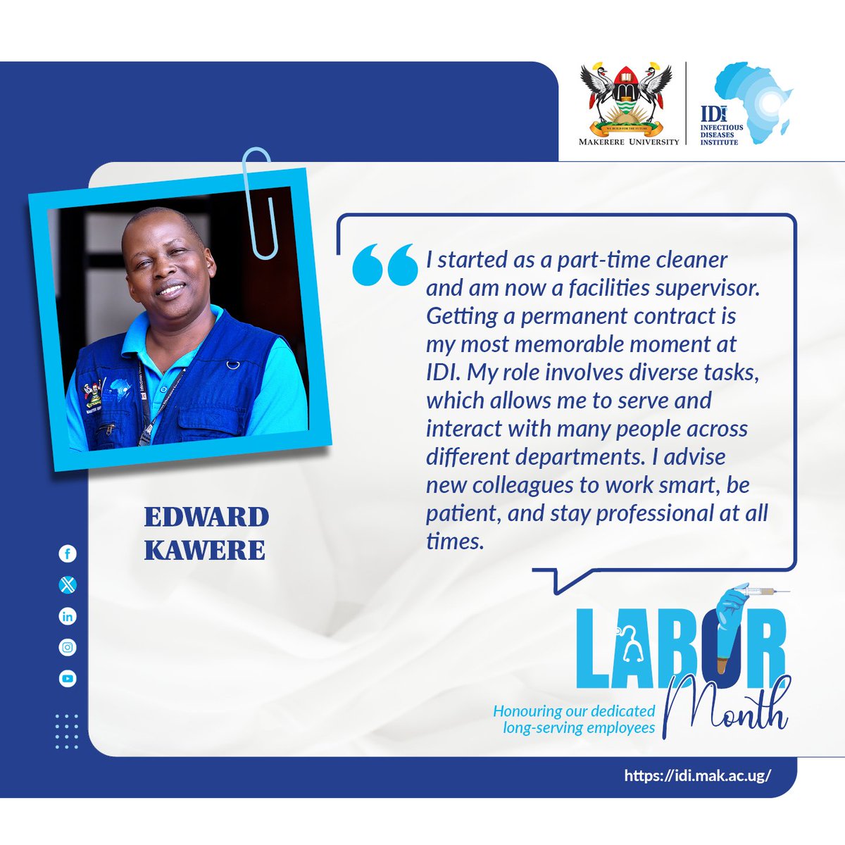 Meet Edward Kawere, a man who has transformed his career from a part-time cleaner to a facilities supervisor. Edward's career journey highlights a spirit of hard work, human resilience, and patience. We're thrilled to celebrate his inspiring story. #OneIDI